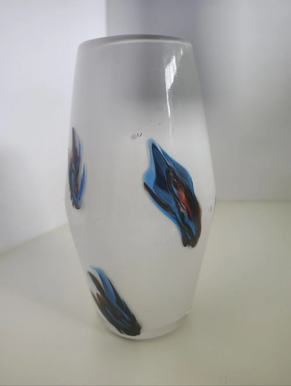 Vintage 1970s Italian Opaline Glass Vase Hand Blown White Blue Macchie Splashes
